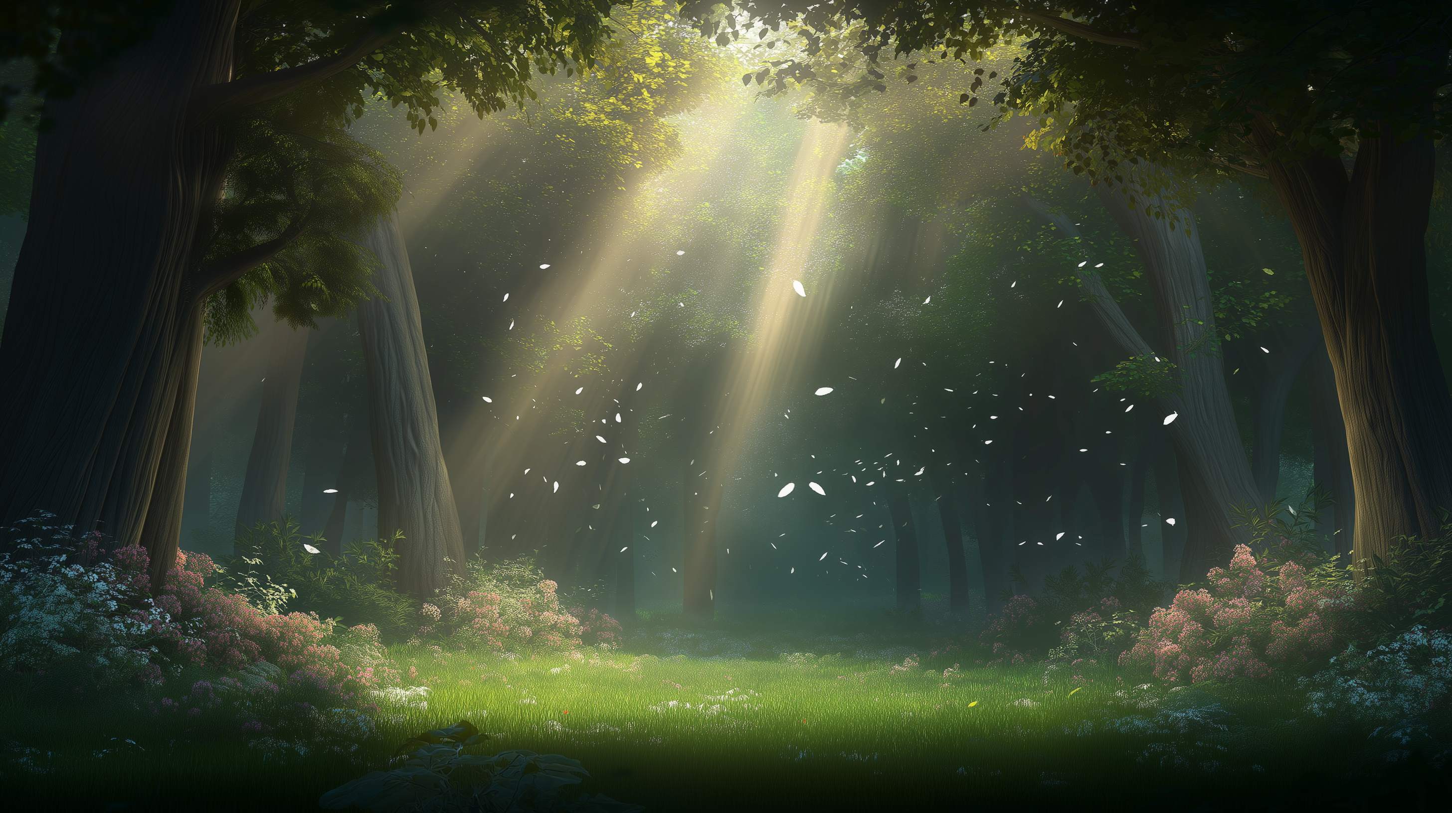 Magical forest background with sunlight streaming through trees